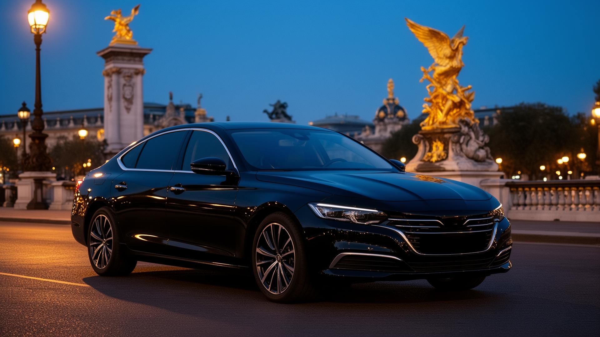 Premium executive sedan on Pont Alexandre III at blue hour