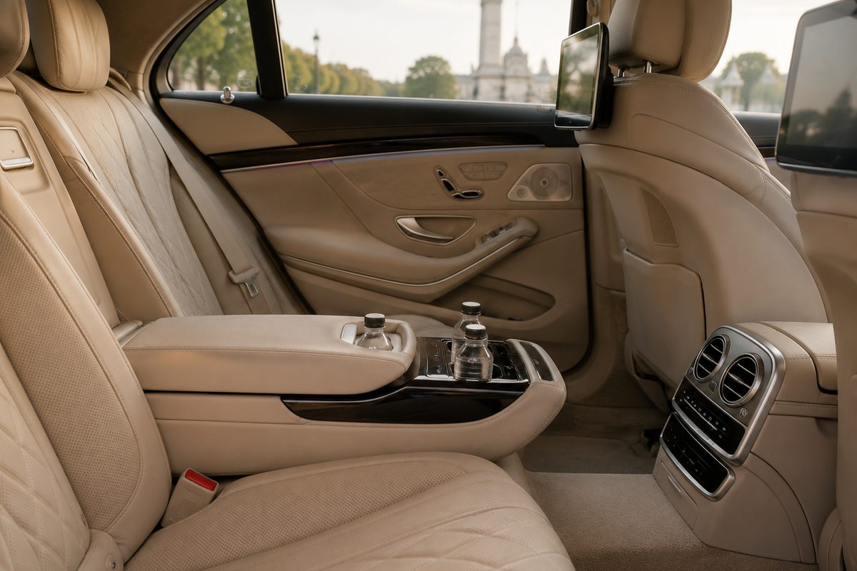 Arrival Experience, the rear seats of a Mercedes S-Class on arrival