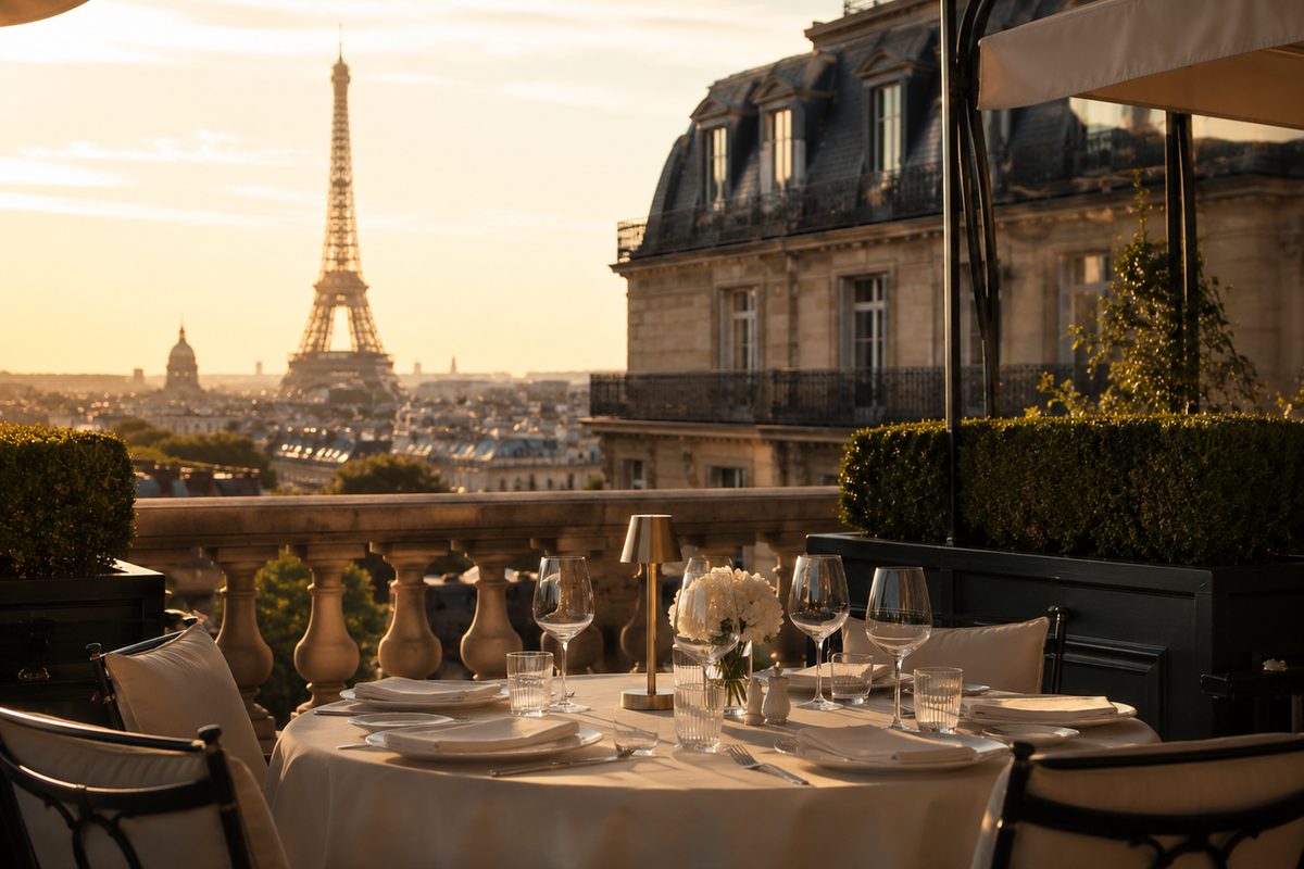 Private Paris Day, a terrace table set facing the Eiffel Tower