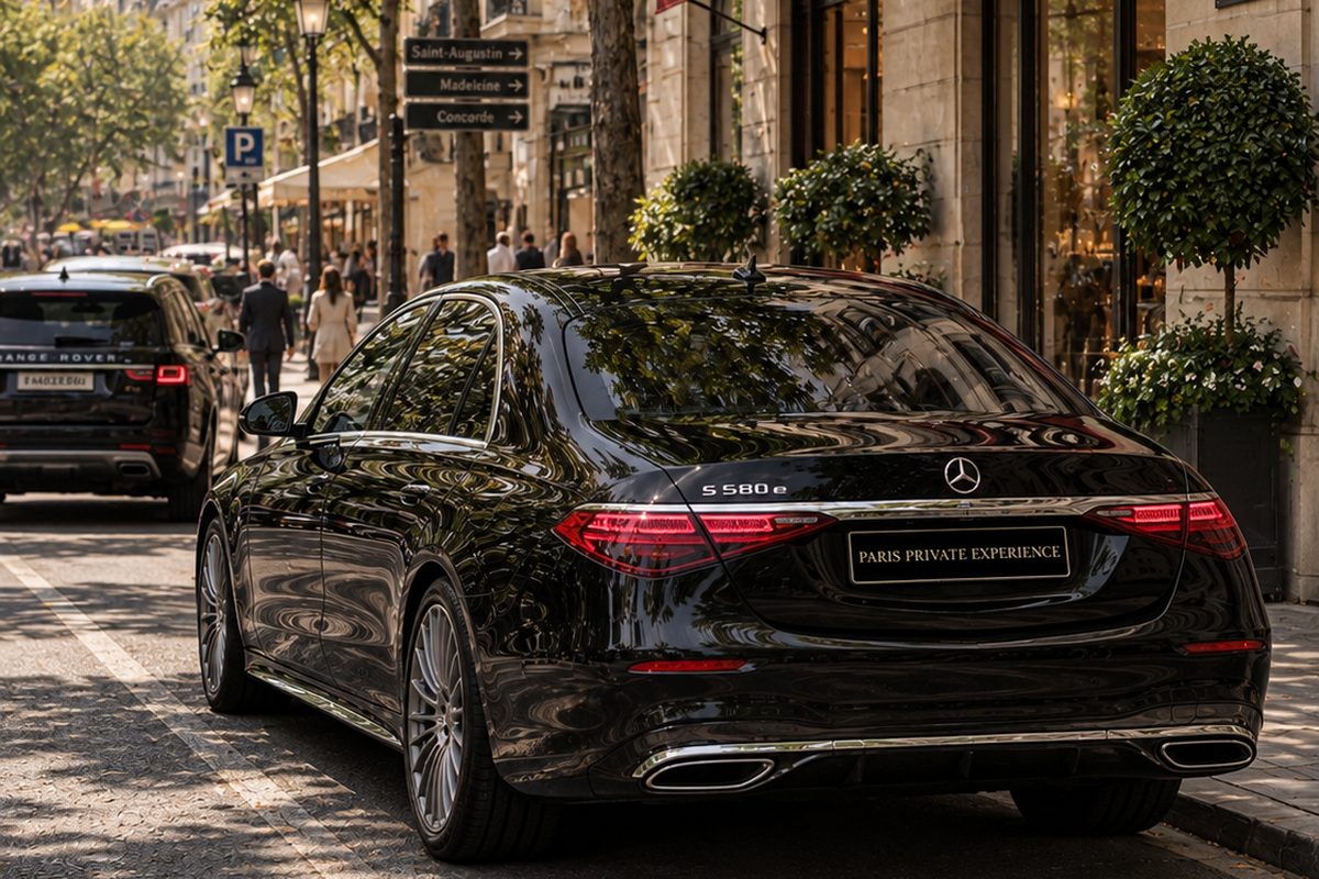 Mercedes S-Class, on a tree-lined Paris avenue