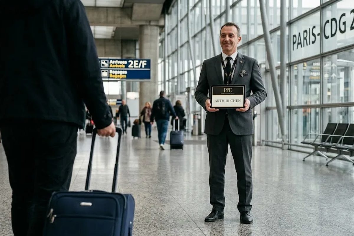 CDG Airport Transfer, chauffeur meeting guests in the CDG arrivals hall