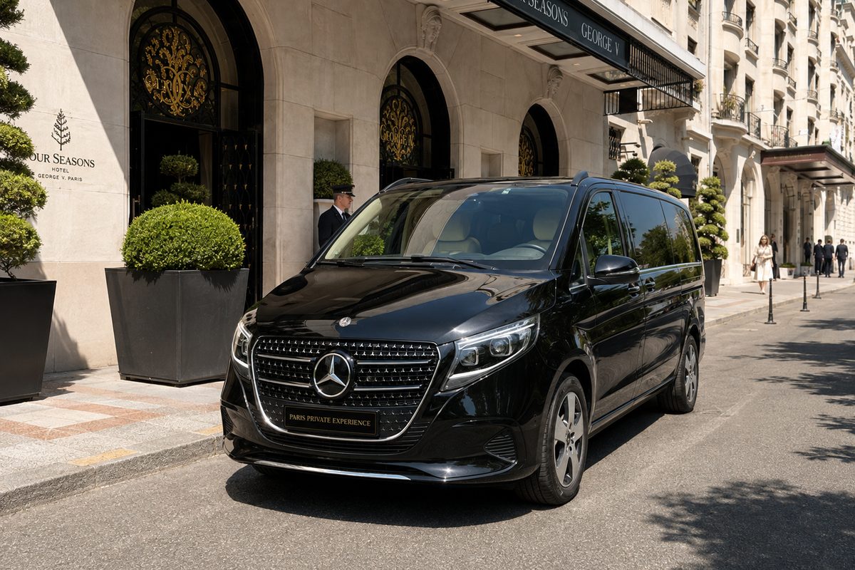 Mercedes V-Class, outside a hotel on Avenue George V in Paris