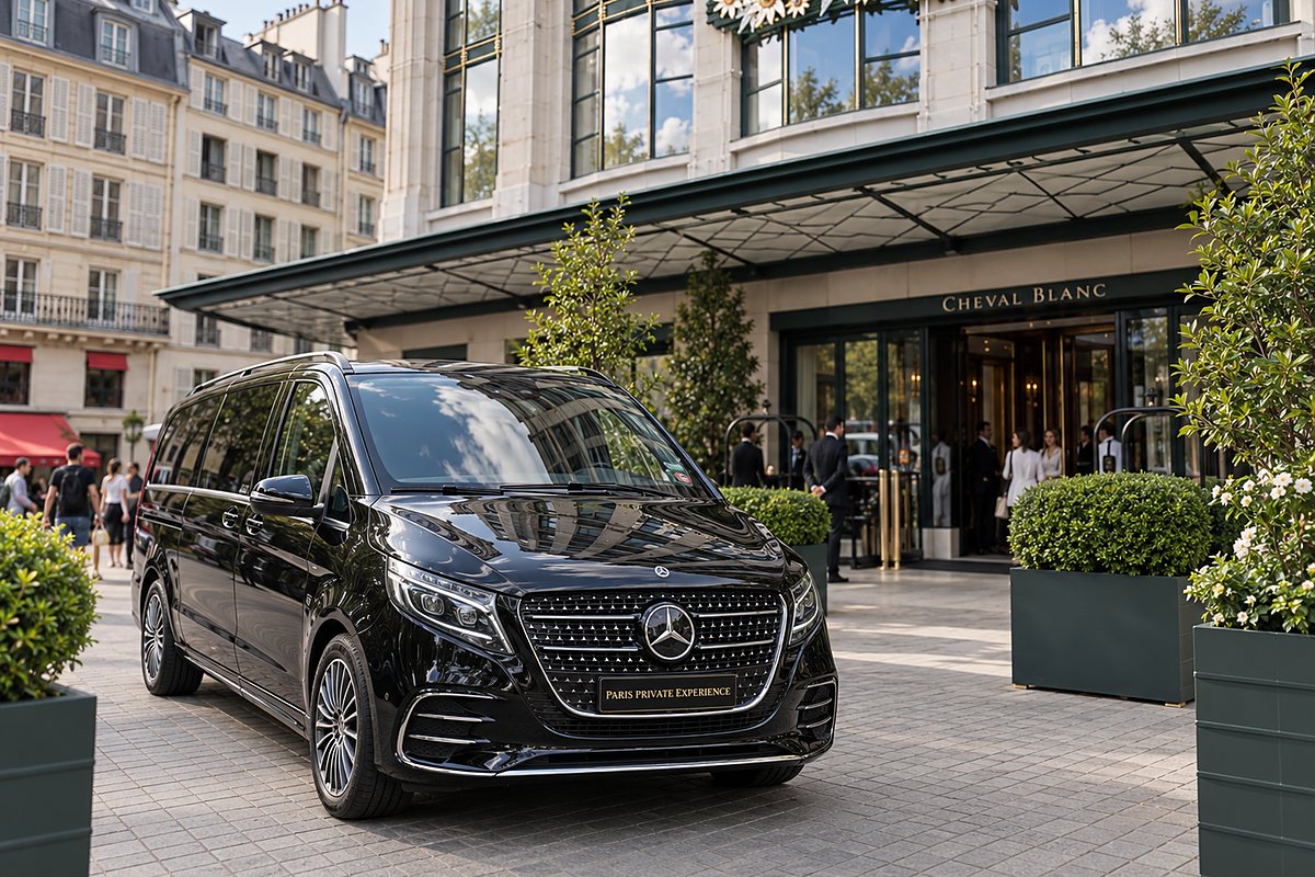 Mercedes V-Class XL, front three-quarter view outside a Paris hotel