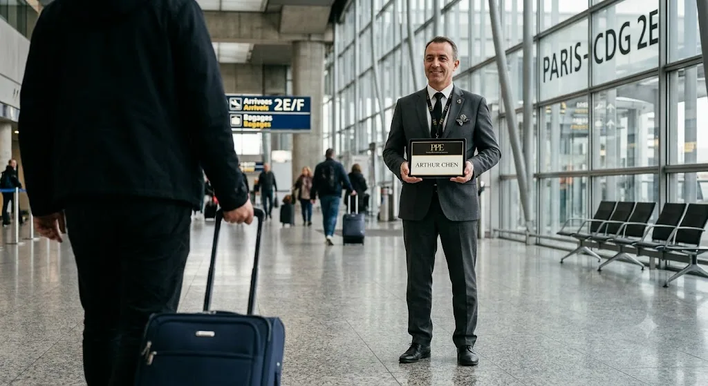 Meet and greet inside CDG arrivals with a Paris Private Experience name board