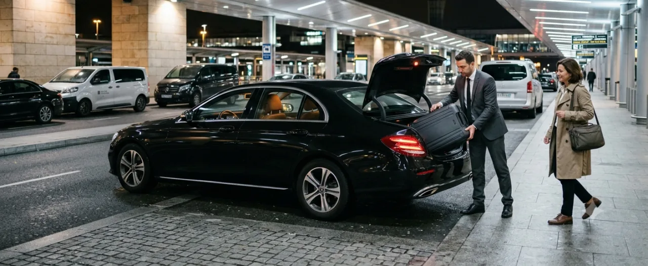Chauffeur loading luggage into a Mercedes at the covered public pickup area of a Paris airport terminal
