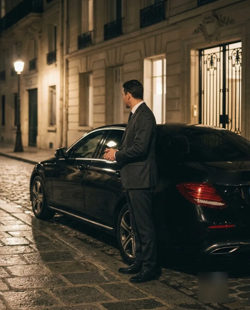 Chauffeur-hôte privé attendant près d’une Mercedes dans une rue parisienne calme, la nuit