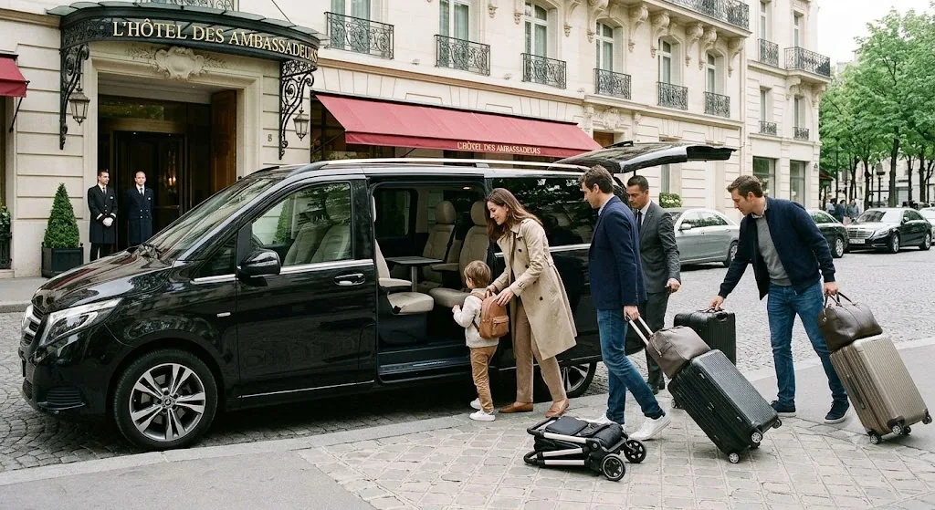 Chauffeur-hôte et équipe de l’hôtel prenant en charge les bagages à l’arrivée dans un hôtel de luxe parisien avec une Mercedes Classe V