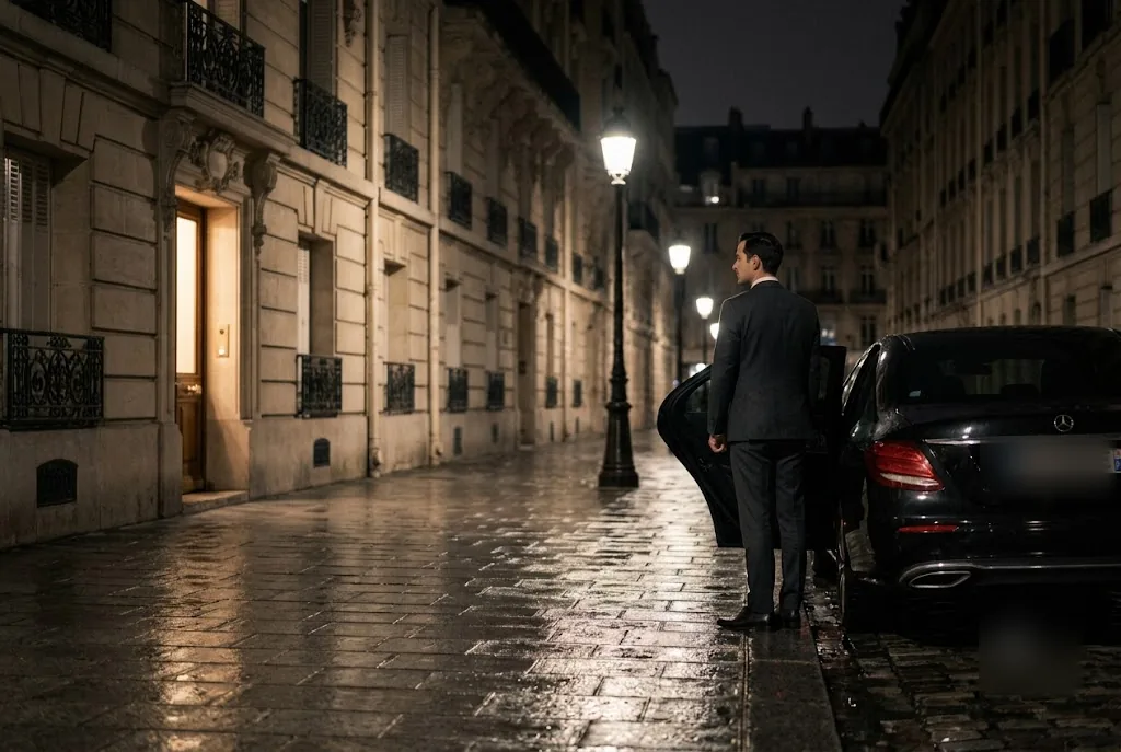 Private chauffeur holding the car door on a quiet Paris street at night for an evening plan