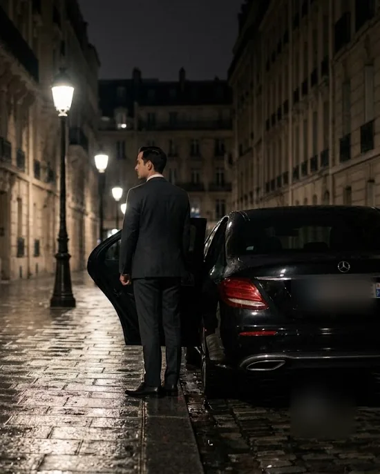 Discreet executive chauffeur holding the rear door of a Mercedes at night in Paris