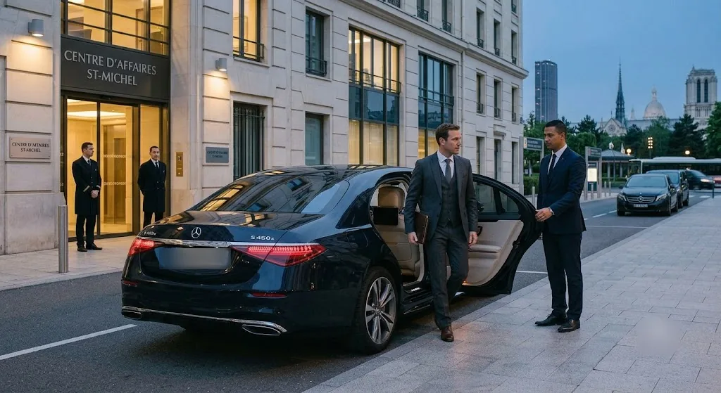 Executive chauffeur in Paris with Mercedes S-Class outside a business centre