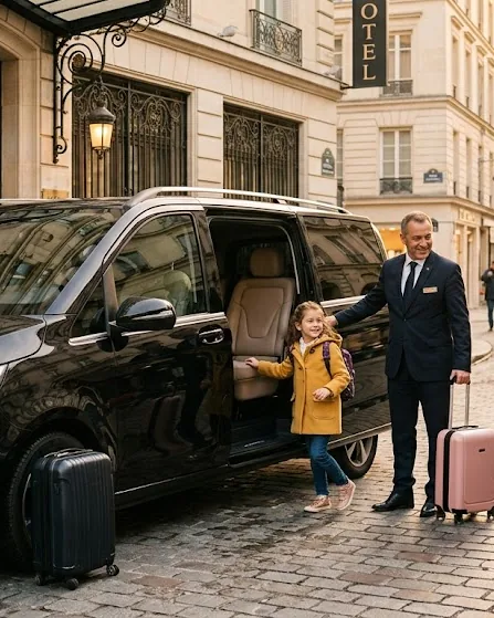 Chauffeur opening the door of a Mercedes V-Class for a family Disneyland Paris transfer from a Paris hotel