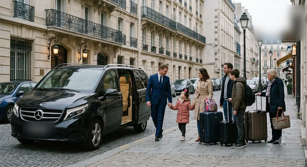 Family walking to a waiting Mercedes V-Class in the morning for a Disneyland Paris private transfer