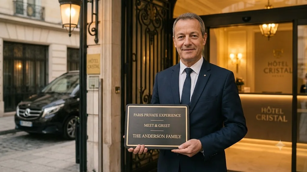 Professional chauffeur-host holding a Paris Private Experience Meet and Greet plaque at a Paris hotel entrance