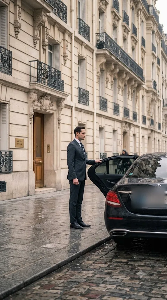 Private driver in Paris holding the Mercedes door open outside a private address