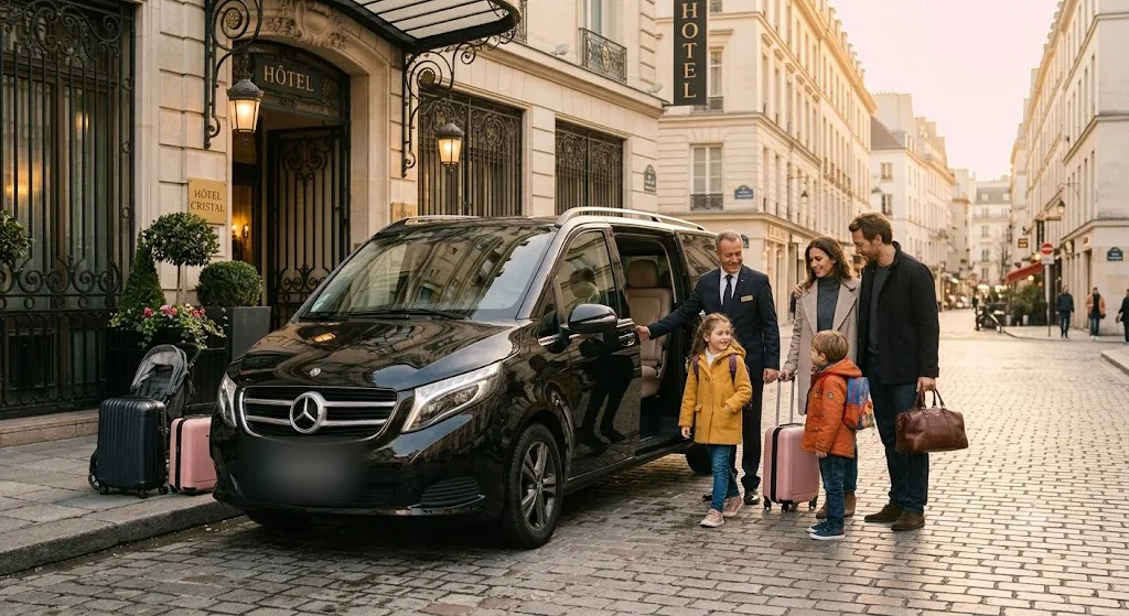 Chauffeur Mercedes Classe V à Paris accueillant une famille avec bagages devant un hôtel