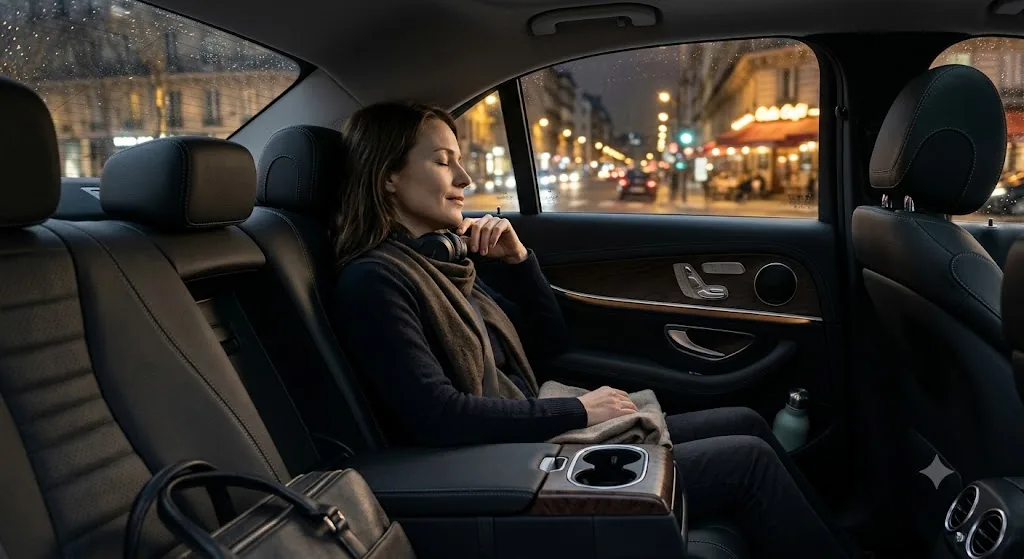 Arrivée nocturne sereine à Paris après un transfert aéroport privé avec chauffeur