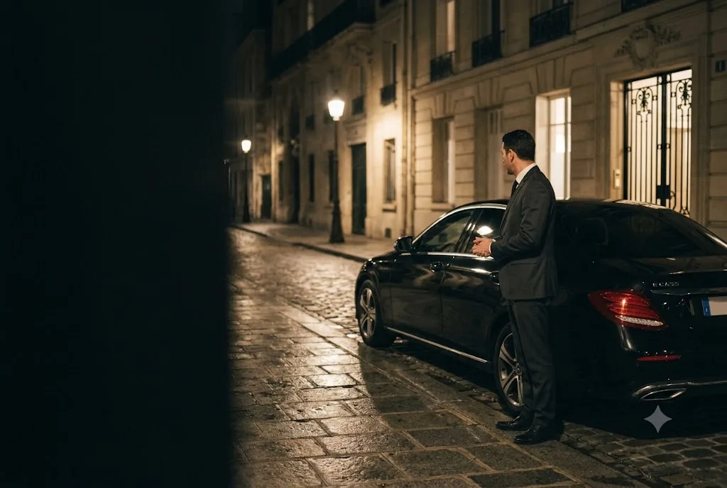 Private chauffeur waiting beside a Mercedes in the evening for hourly chauffeur service in Paris