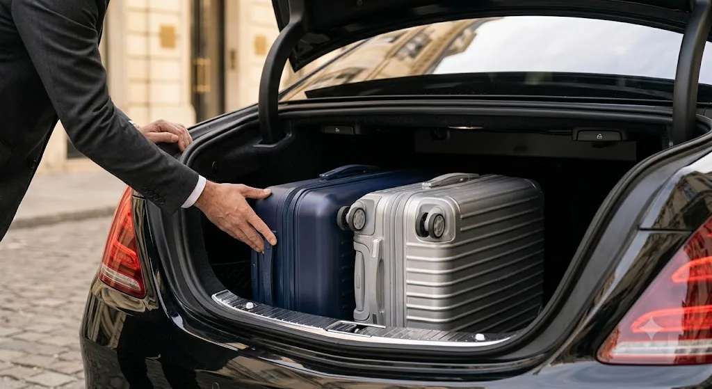 Chauffeur placing suitcases into the trunk of a Mercedes after an Orly airport transfer