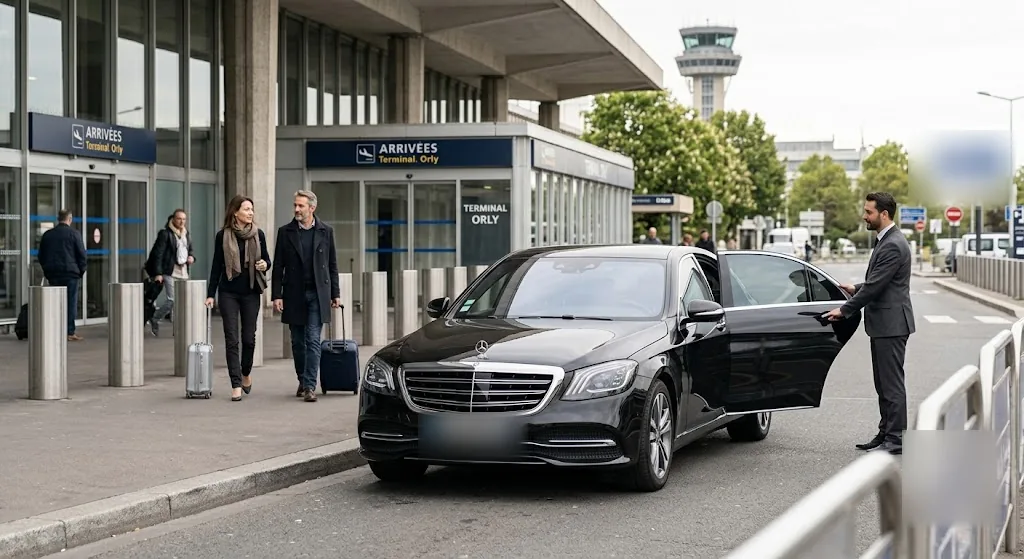 Chauffeur holding the door of a Mercedes S-Class outside Orly arrivals in daylight