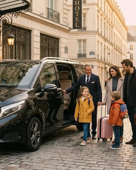 Chauffeur Mercedes Classe V accueillant une famille avec ses bagages à la porte coulissante ouverte devant un hôtel parisien