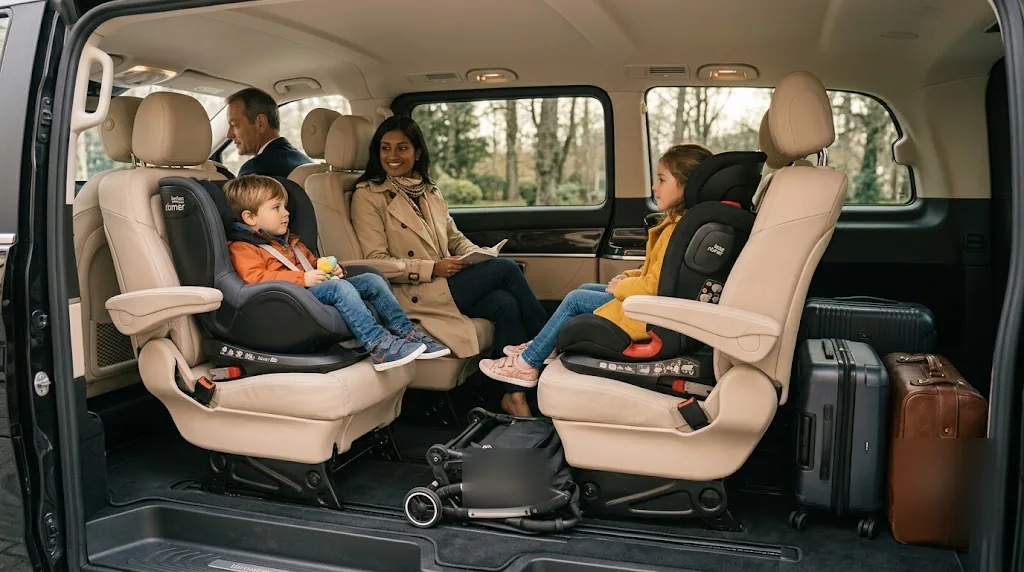 Intérieur de Mercedes Classe V avec sièges enfants, poussette et bagages, prêt pour un transfert famille vers Disneyland Paris